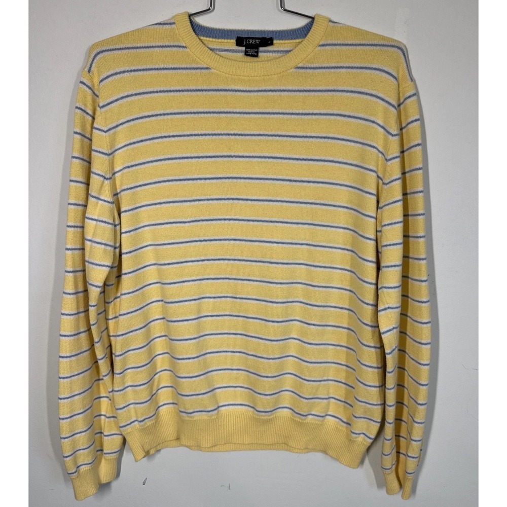 VTG J Crew 100% Cotton Yellow And Blue Stripe Pullover Sweater Mens L Preppy Y2K